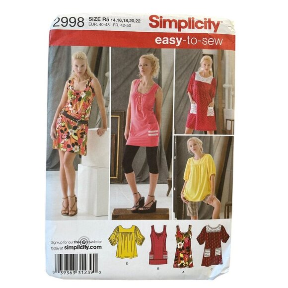 Simplicity Easy-To-Sew Knit Mini Dresses Tops Sewing Pattern 2998 Size 14-22 - Picture 1 of 2